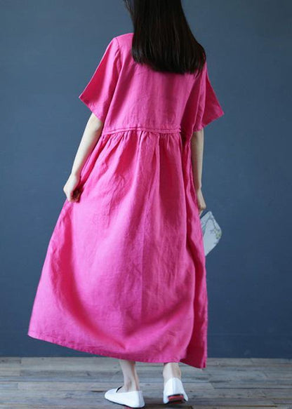Natural Rese Linen Robes O Neck Cinched Maxi Summer Dress