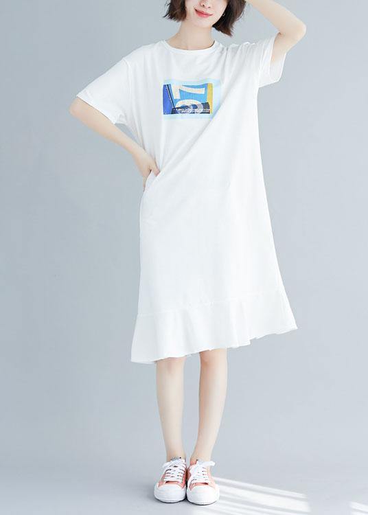 Natural Ruffles Hem Cotton Clothes for Shirts White Prints Dress Summer