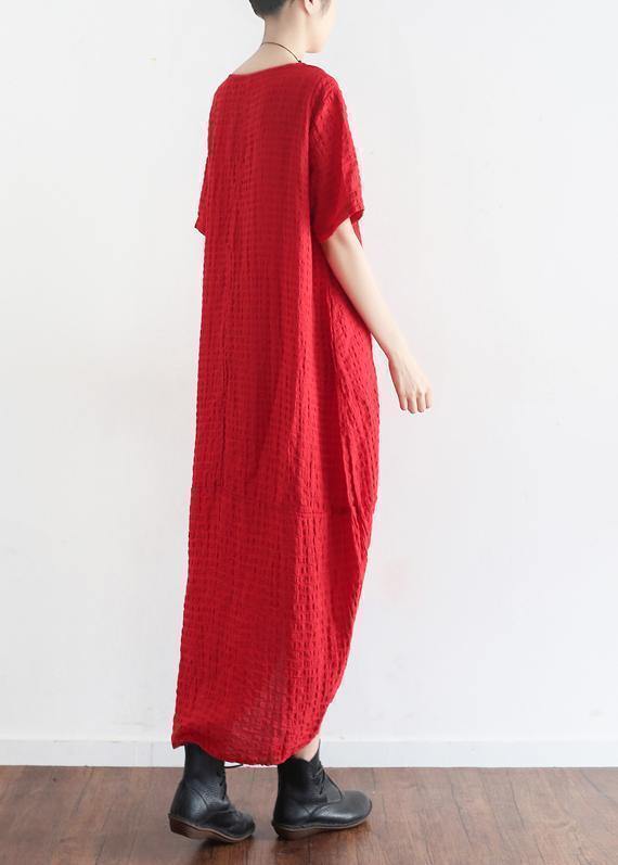 Natural Short Sleeve Linen Clothes Tutorials Red Plaid Dress Summer