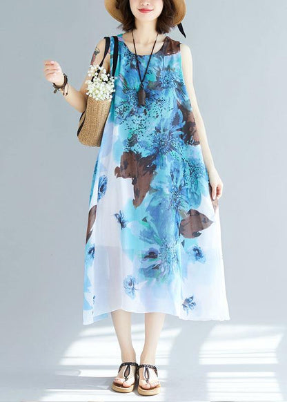 Natural Sleeveless Cotton Tunics Wardrobes Blue Prints Long Dresses Summer