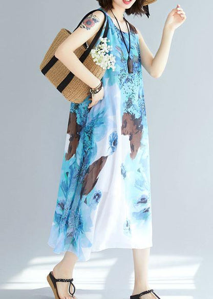 Natural Sleeveless Cotton Tunics Wardrobes Blue Prints Long Dresses Summer