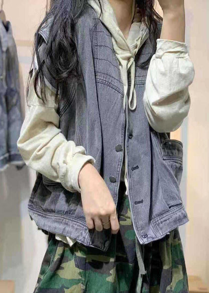 Natural Sleeveless Cotton Clothes for Shirts Denim Blue V Neck Shirts Fall