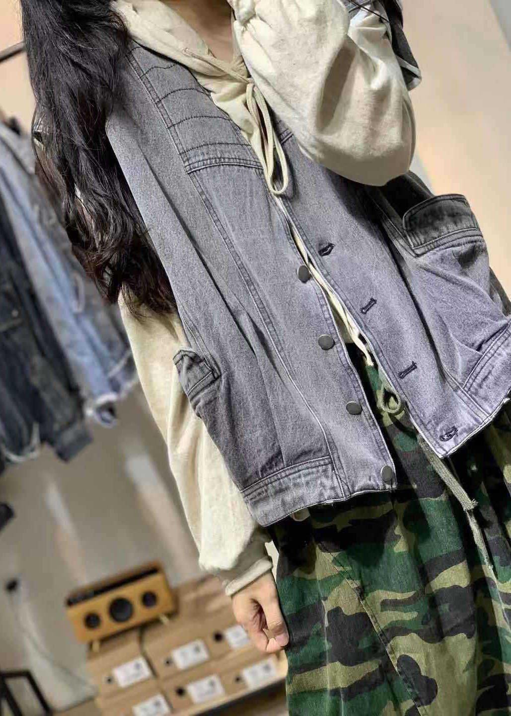 Natural Sleeveless Cotton Clothes for Shirts Denim Blue V Neck Shirts Fall