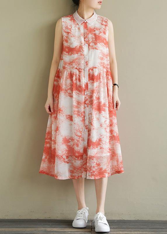 Natural Sleeveless Cinched Chiffon Sewing Red Print Robe Dress Summer