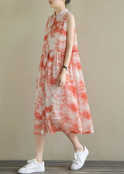 Natural Sleeveless Cinched Chiffon Sewing Red Print Robe Dress Summer