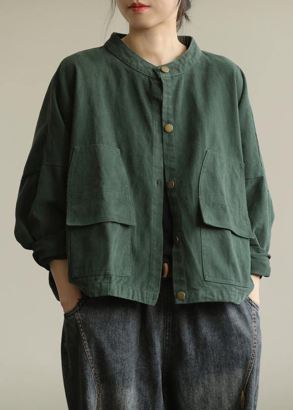 Natural Stand Collar Button Down Fine Tunic Coat Green Box Jackets