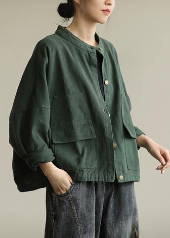 Natural Stand Collar Button Down Fine Tunic Coat Green Box Jackets