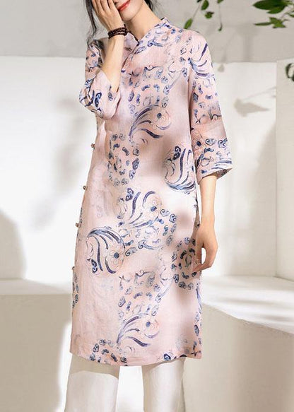 Natural Stand Collar Chinese Button Linen Summer Dresses Work Outfits Pink Print Dress