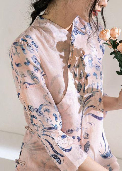 Natural Stand Collar Chinese Button Linen Summer Dresses Work Outfits Pink Print Dress