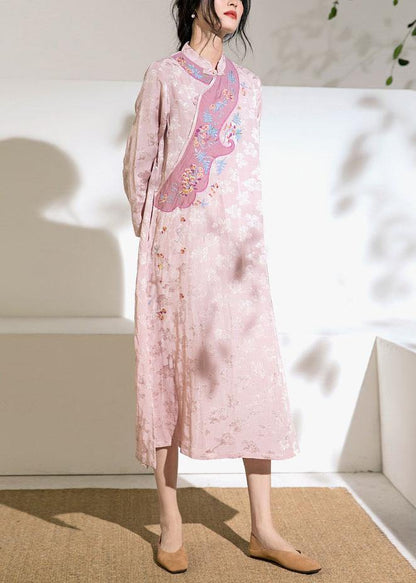 Natural Stand Collar Embroidery Linen Dresses Ideas Pink Dresses