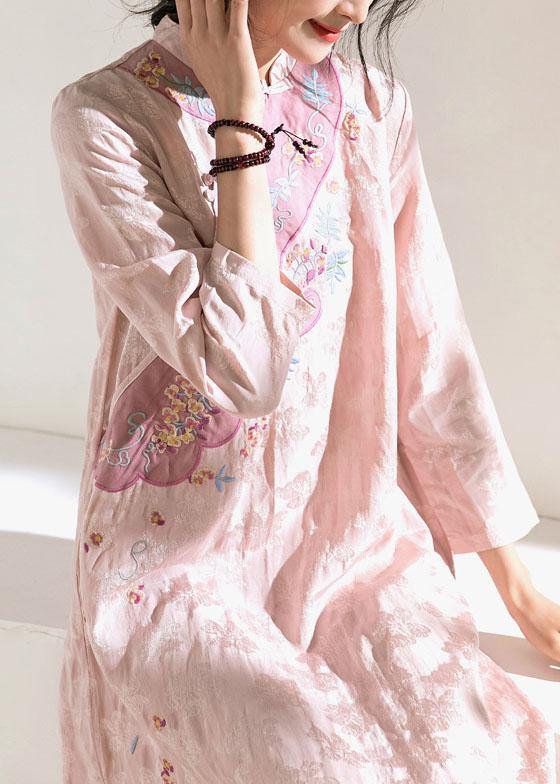Natural Stand Collar Embroidery Linen Dresses Ideas Pink Dresses