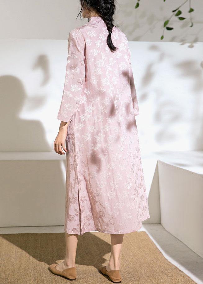 Natural Stand Collar Embroidery Linen Dresses Ideas Pink Dresses