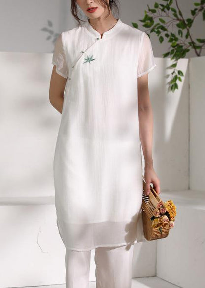 Natural Stand Collar Embroidery Quilting Clothes Fabrics White Dresses