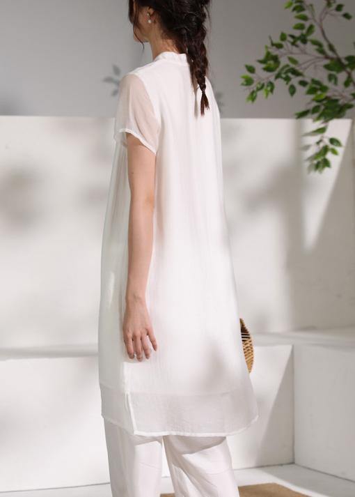 Natural Stand Collar Embroidery Quilting Clothes Fabrics White Dresses