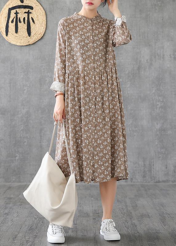 Natural Stand Collar Patchwork Cotton Linen Dresses Sleeve Khaki Print Dress