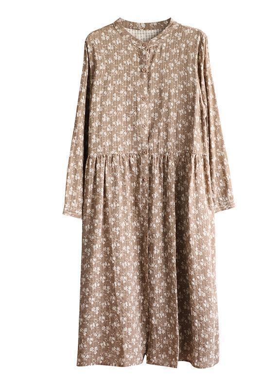 Natural Stand Collar Patchwork Cotton Linen Dresses Sleeve Khaki Print Dress