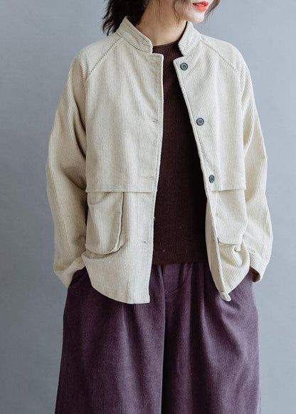 Natural Stand Collar Pockets Cotton Blouse Pattern Beige Tops Fall