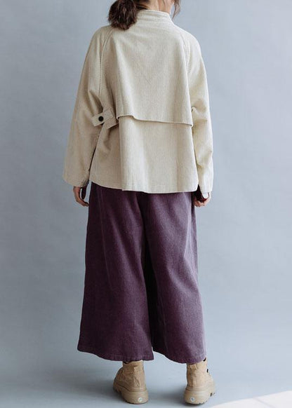 Natural Stand Collar Pockets Cotton Blouse Pattern Beige Tops Fall