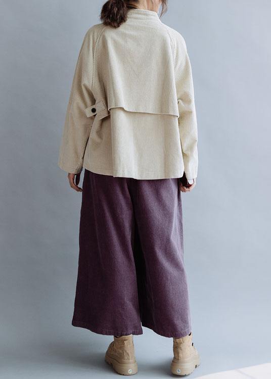Natural Stand Collar Pockets Cotton Blouse Pattern Beige Tops Fall
