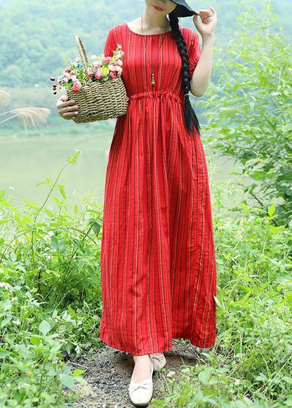 Natural Striped Cotton Long Shirts Tunic Tops Red Cotton Dress Summer