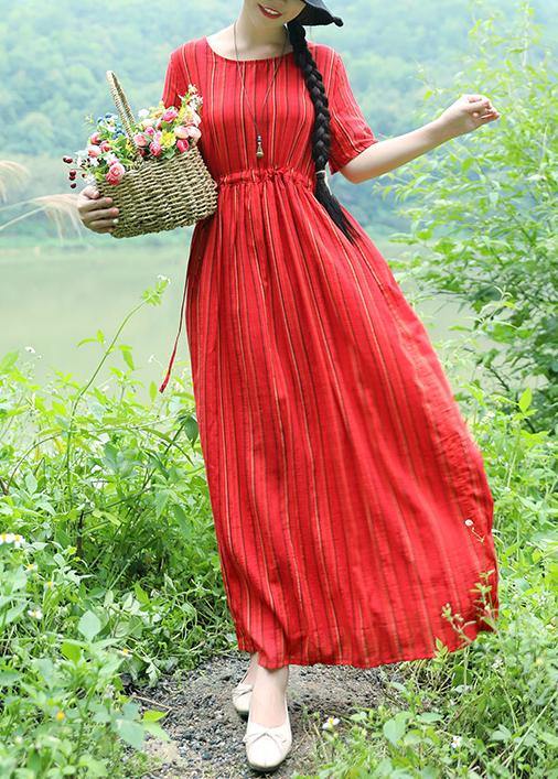 Natural Striped Cotton Long Shirts Tunic Tops Red Cotton Dress Summer