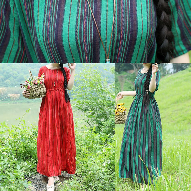 Natural Striped Cotton Long Shirts Tunic Tops Red Cotton Dress Summer
