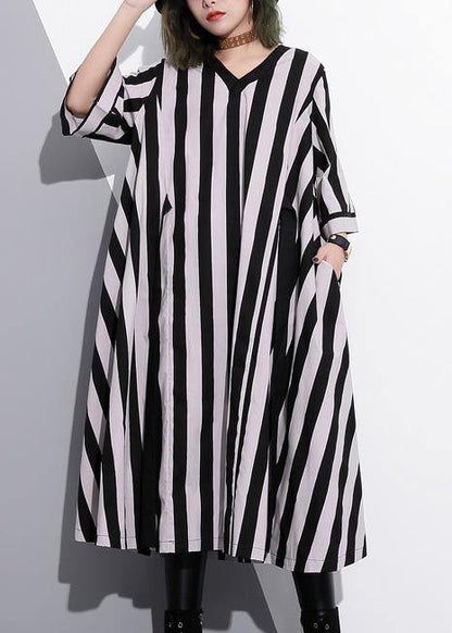 Natural Striped Cotton Tunics V Neck Summer Dress