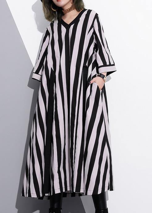 Natural Striped Cotton Tunics V Neck Summer Dress