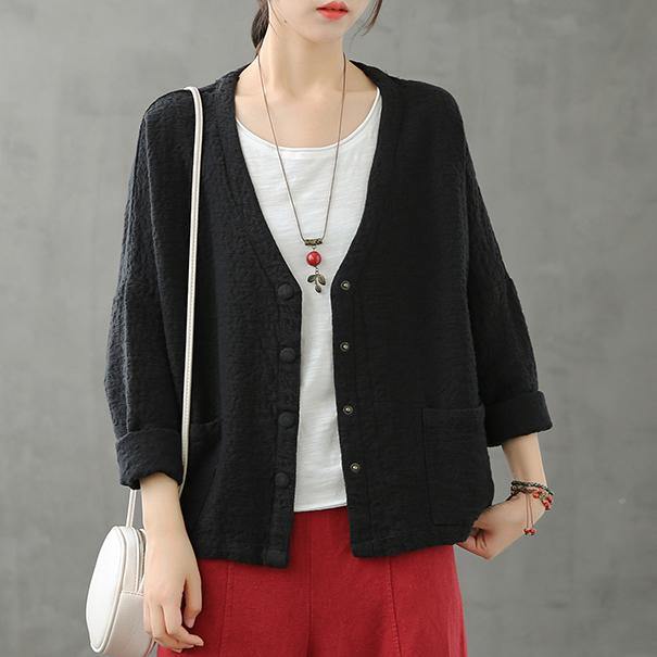 Natural V Neck Button Down Fall Shirts Pattern Black Top