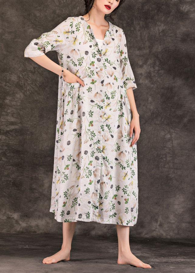 Natural V Neck Button Down Linen Dresses Work Outfits Gray Print Dresses Summer