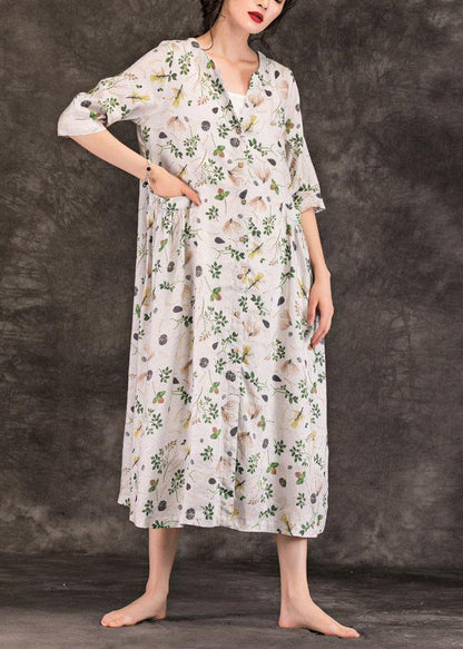 Natural V Neck Button Down Linen Dresses Work Outfits Gray Print Dresses Summer