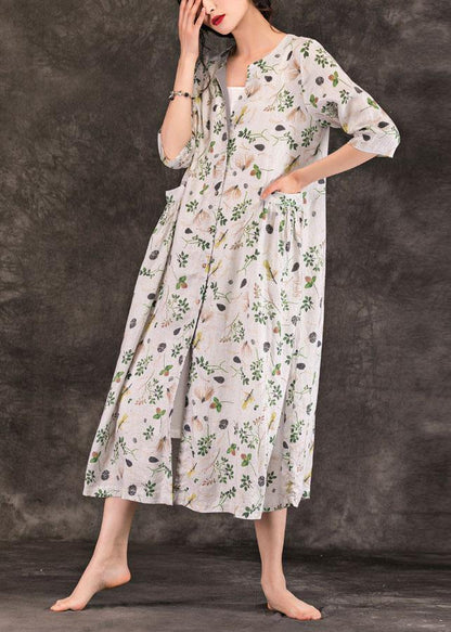 Natural V Neck Button Down Linen Dresses Work Outfits Gray Print Dresses Summer