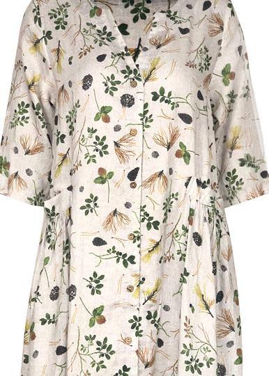 Natural V Neck Button Down Linen Dresses Work Outfits Gray Print Dresses Summer