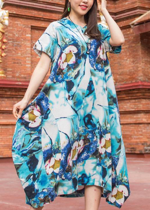 Natural V Neck Asymmetric Cotton Quilting Outfits Light Blue Print Maxi Dress Summer