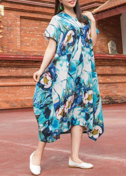 Natural V Neck Asymmetric Cotton Quilting Outfits Light Blue Print Maxi Dress Summer