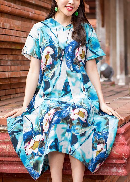 Natural V Neck Asymmetric Cotton Quilting Outfits Light Blue Print Maxi Dress Summer