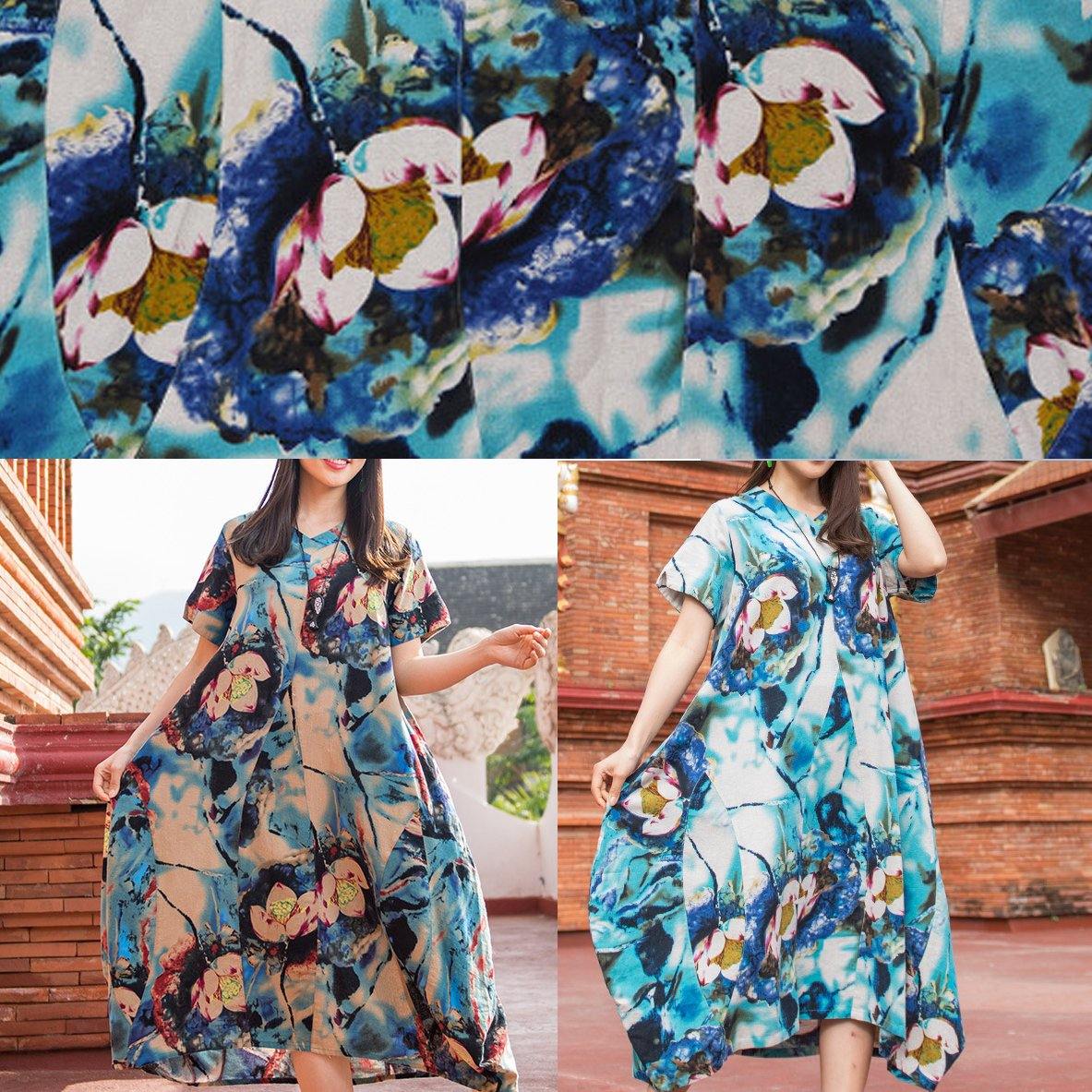 Natural V Neck Asymmetric Cotton Quilting Outfits Light Blue Print Maxi Dress Summer