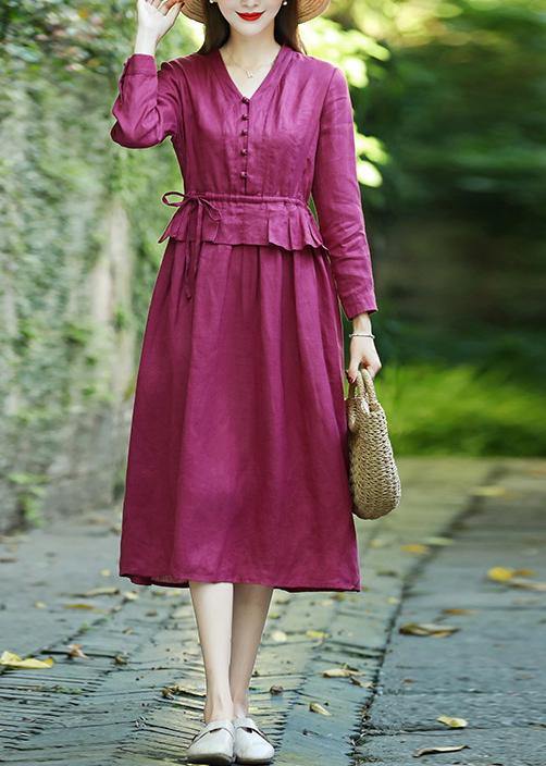 Natural V Neck Drawstring Spring Clothes Catwalk Burgundy Dresses