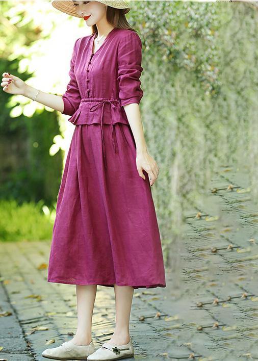 Natural V Neck Drawstring Spring Clothes Catwalk Burgundy Dresses