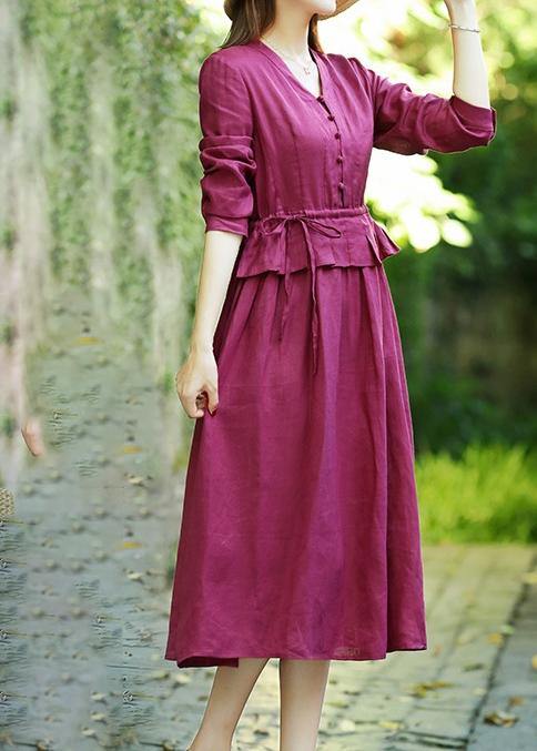 Natural V Neck Drawstring Spring Clothes Catwalk Burgundy Dresses