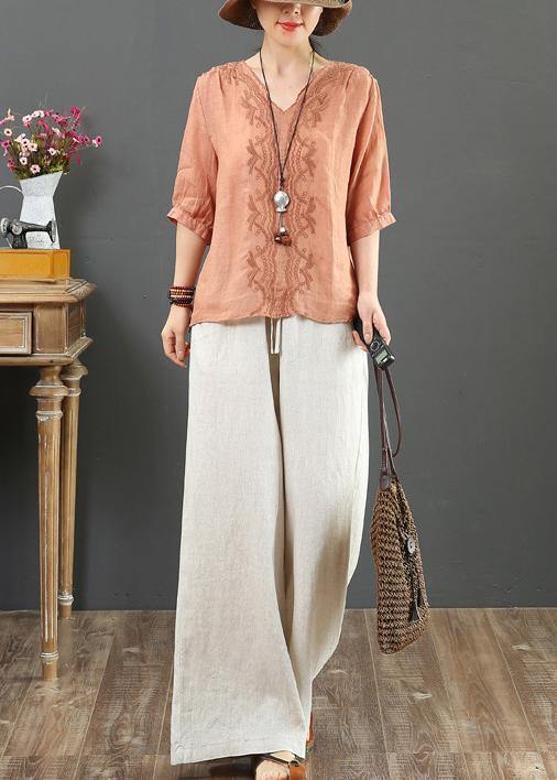 Natural V Neck Embroidery Linen Clothes for Sleeve Orange Blouses