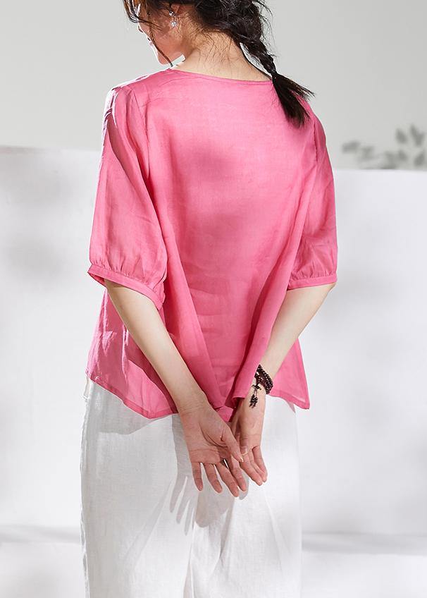 Natural V Neck Half Sleeve Linen Summerclothes for Pink Print Blouse
