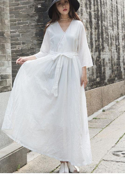 Natural V Neck Linen Clothes for Outfits White Dress Fall