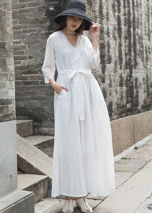 Natural V Neck Linen Clothes for Outfits White Dress Fall