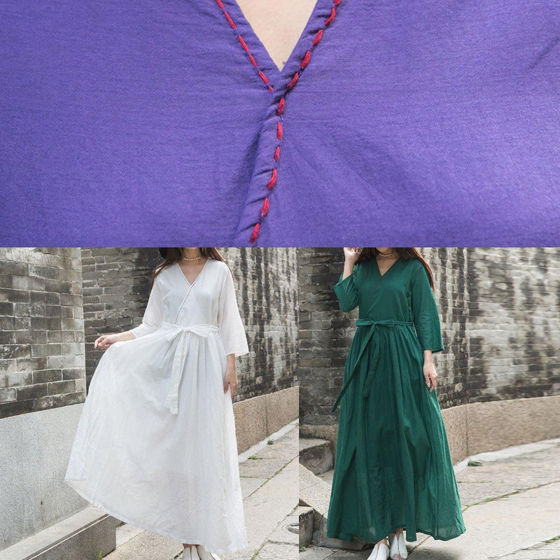 Natural V Neck Linen Clothes for Outfits White Dress Fall