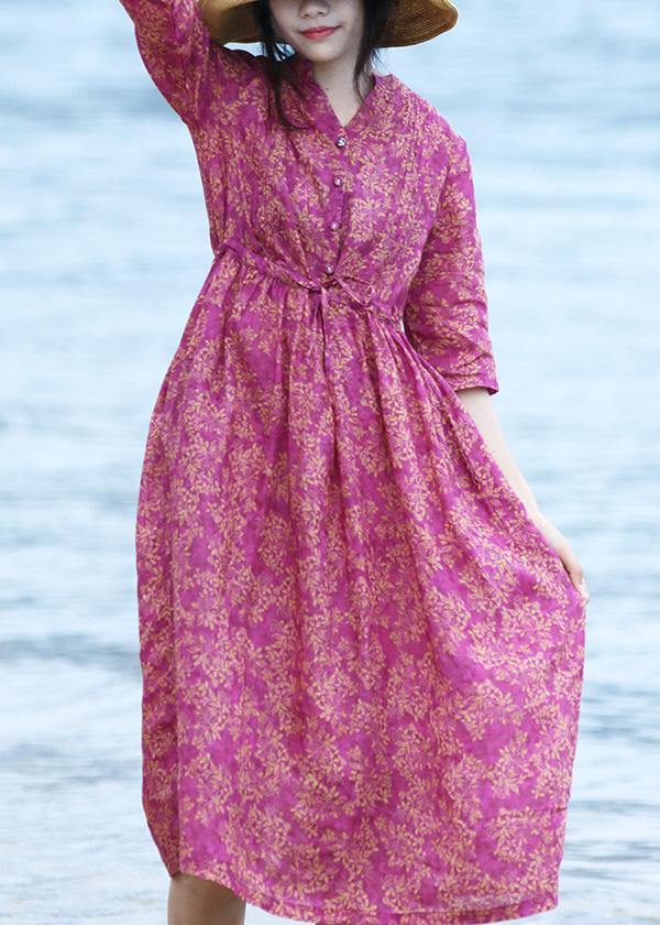 Natural V Neck Linen Tie Waist Wardrobes Shirts Purple Dress