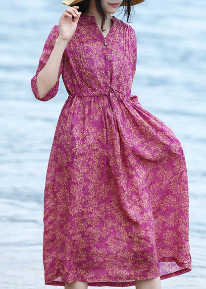 Natural V Neck Linen Tie Waist Wardrobes Shirts Purple Dress