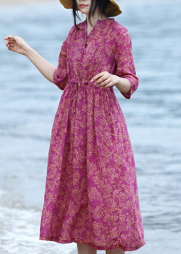 Natural V Neck Linen Tie Waist Wardrobes Shirts Purple Dress