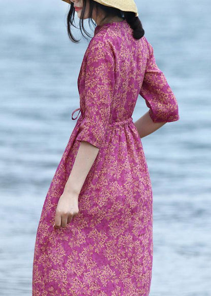Natural V Neck Linen Tie Waist Wardrobes Shirts Purple Dress