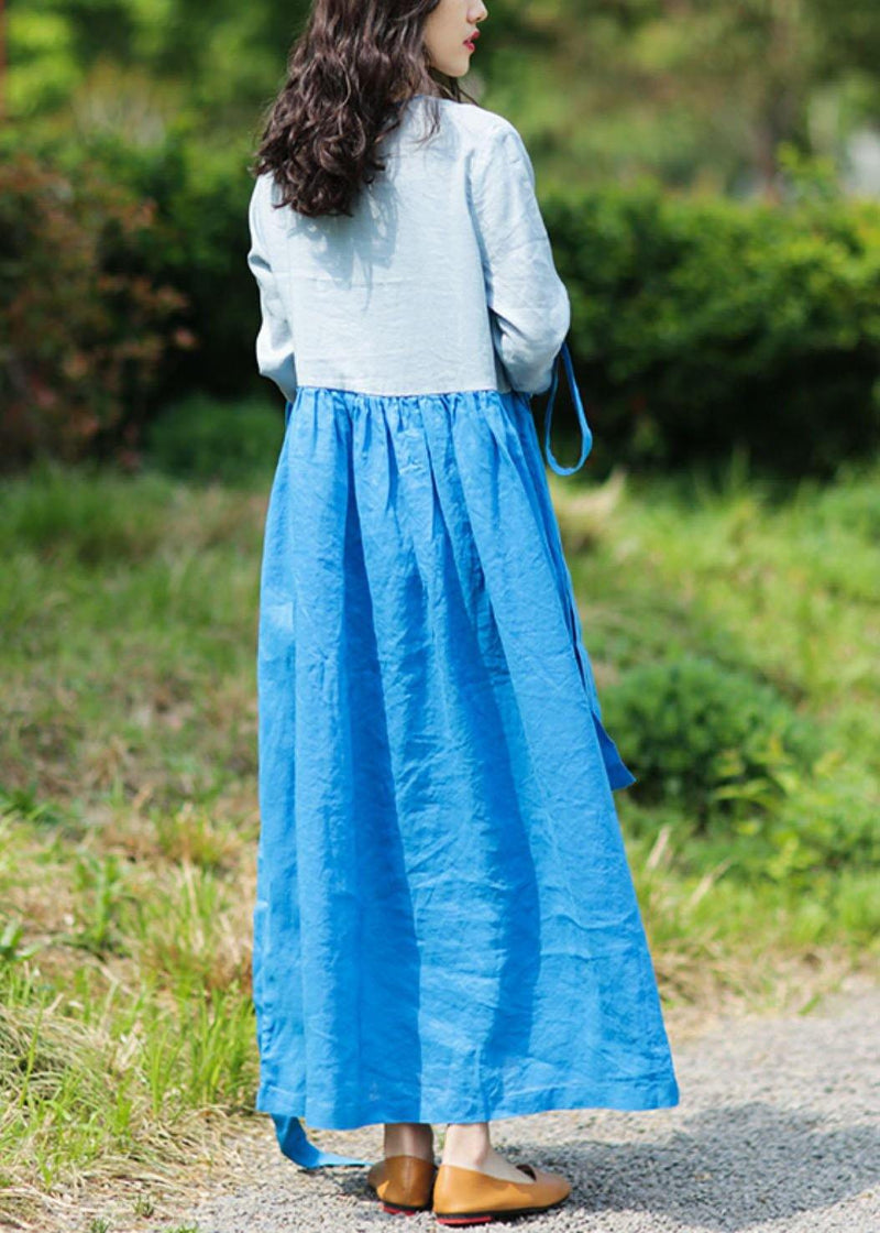 Natural V Neck Patchwork Linen Summer Long Shirts Pattern Blue Dresses